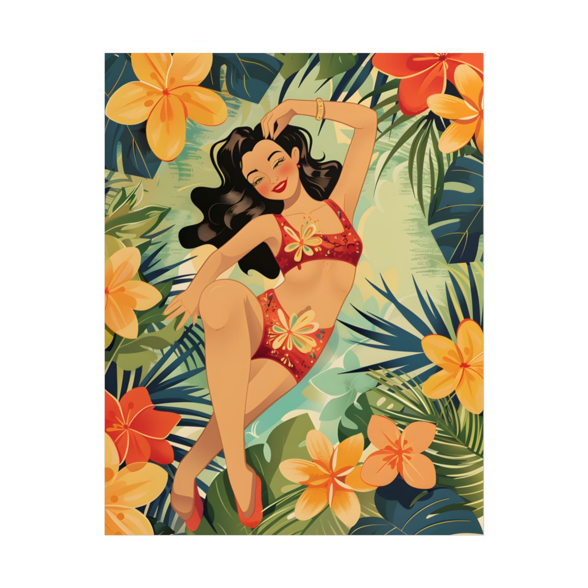 Vintage Pin-Up Girl Illustration: Retro Black and White Art - Poster
