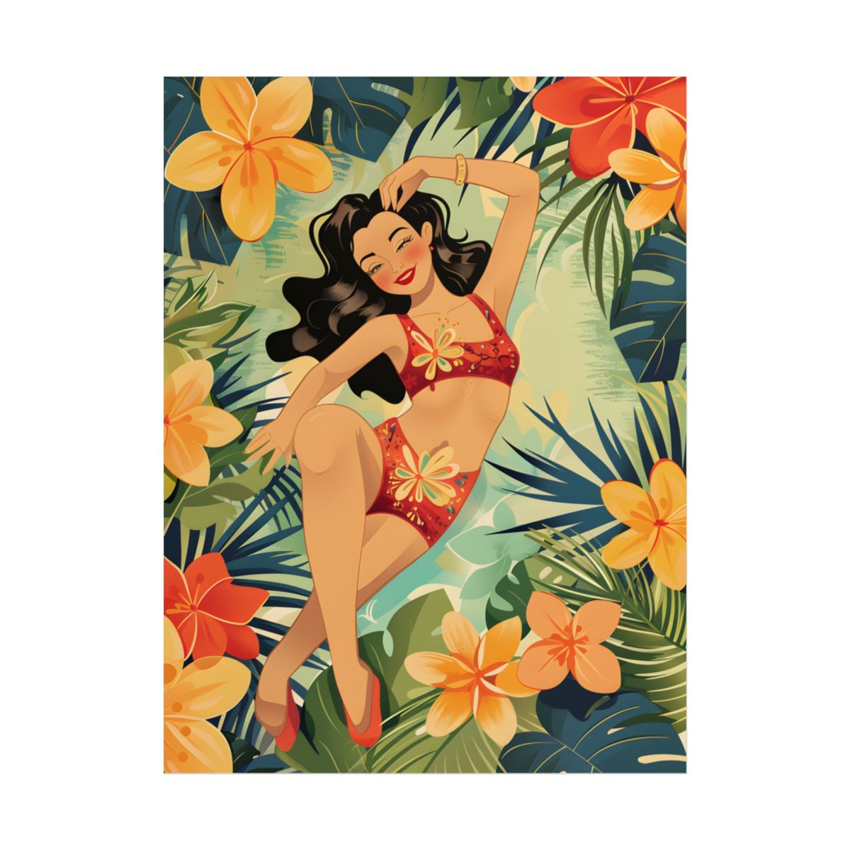Vintage Pin-Up Girl Illustration: Retro Black and White Art - Poster