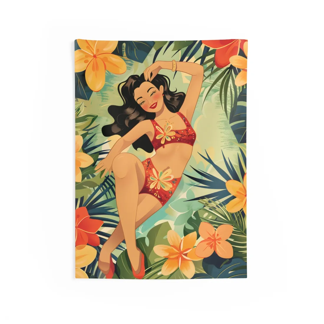 Vintage Pin-Up Girl Illustration: Retro Black and White Art - Wall Tapestry