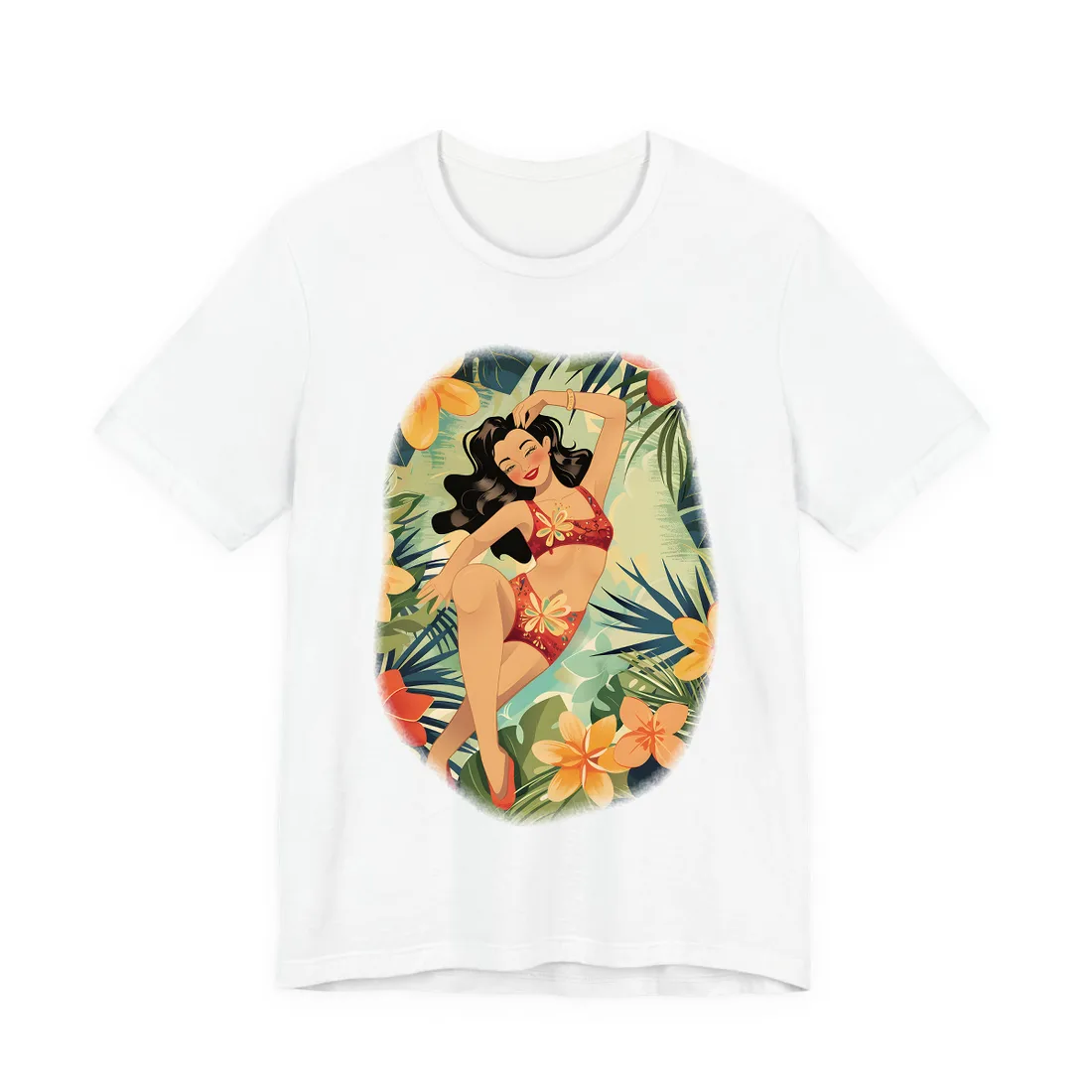 Vintage Pin-Up Girl Illustration: Retro Black and White Art - T-Shirt (White)