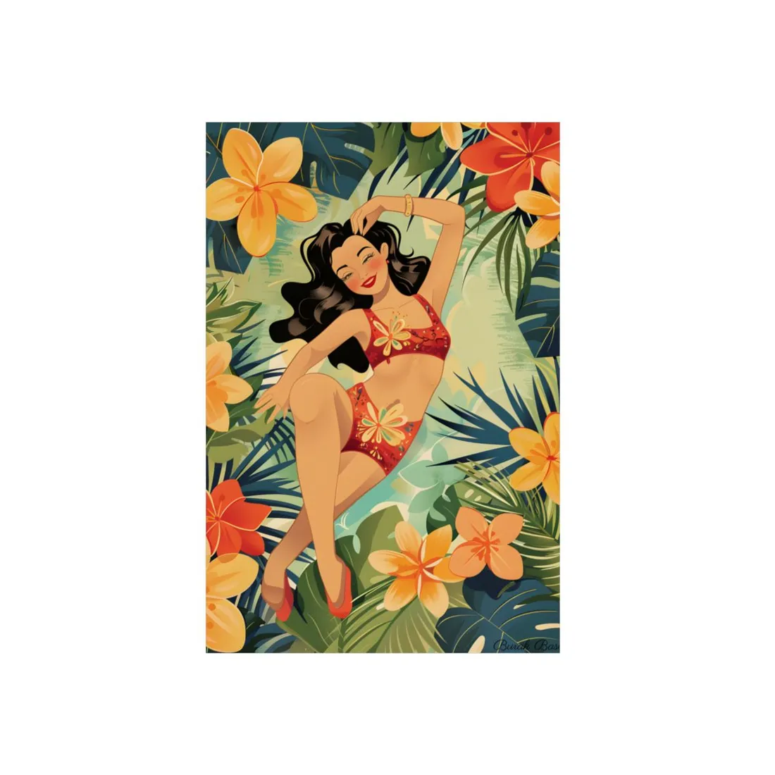 Vintage Pin-Up Girl: Tropical Red Bikini - Metal Poster