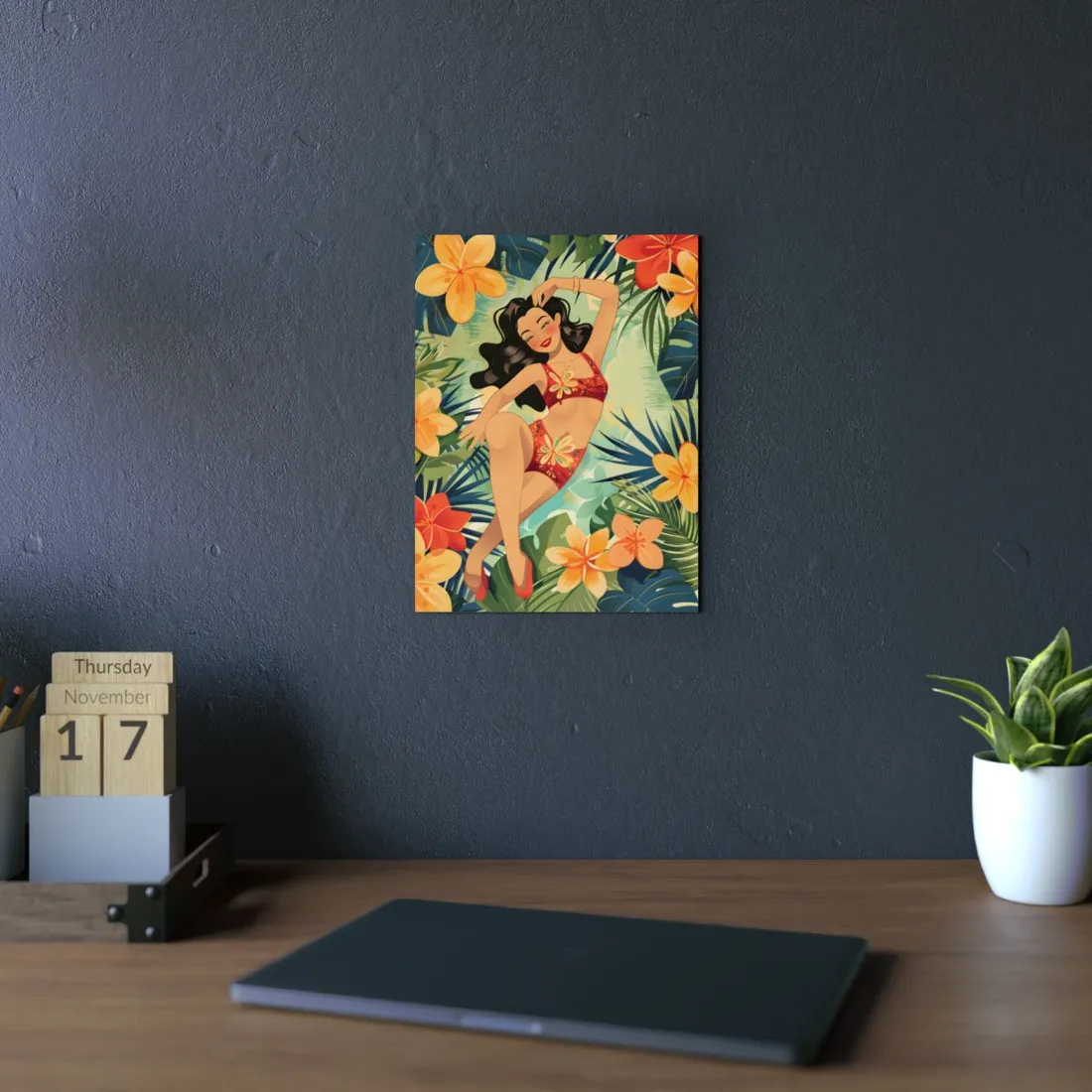 Vintage Pin-Up Girl: Tropical Red Bikini - Metal Poster