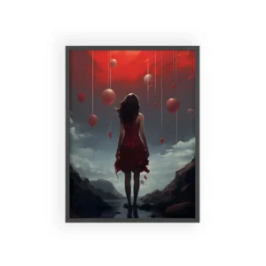 Woman Standing Among Red Balloons Framed Poster