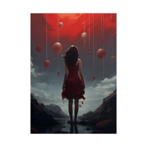Woman Standing Among Red Balloons Poster