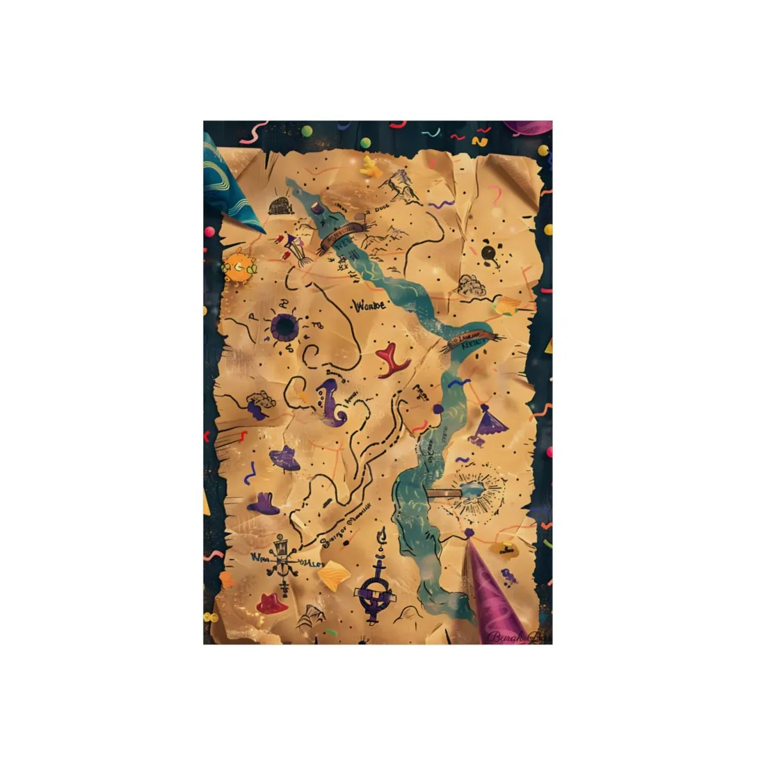 Vintage River Map Illustration: Adventure Parchment Design - Metal Poster