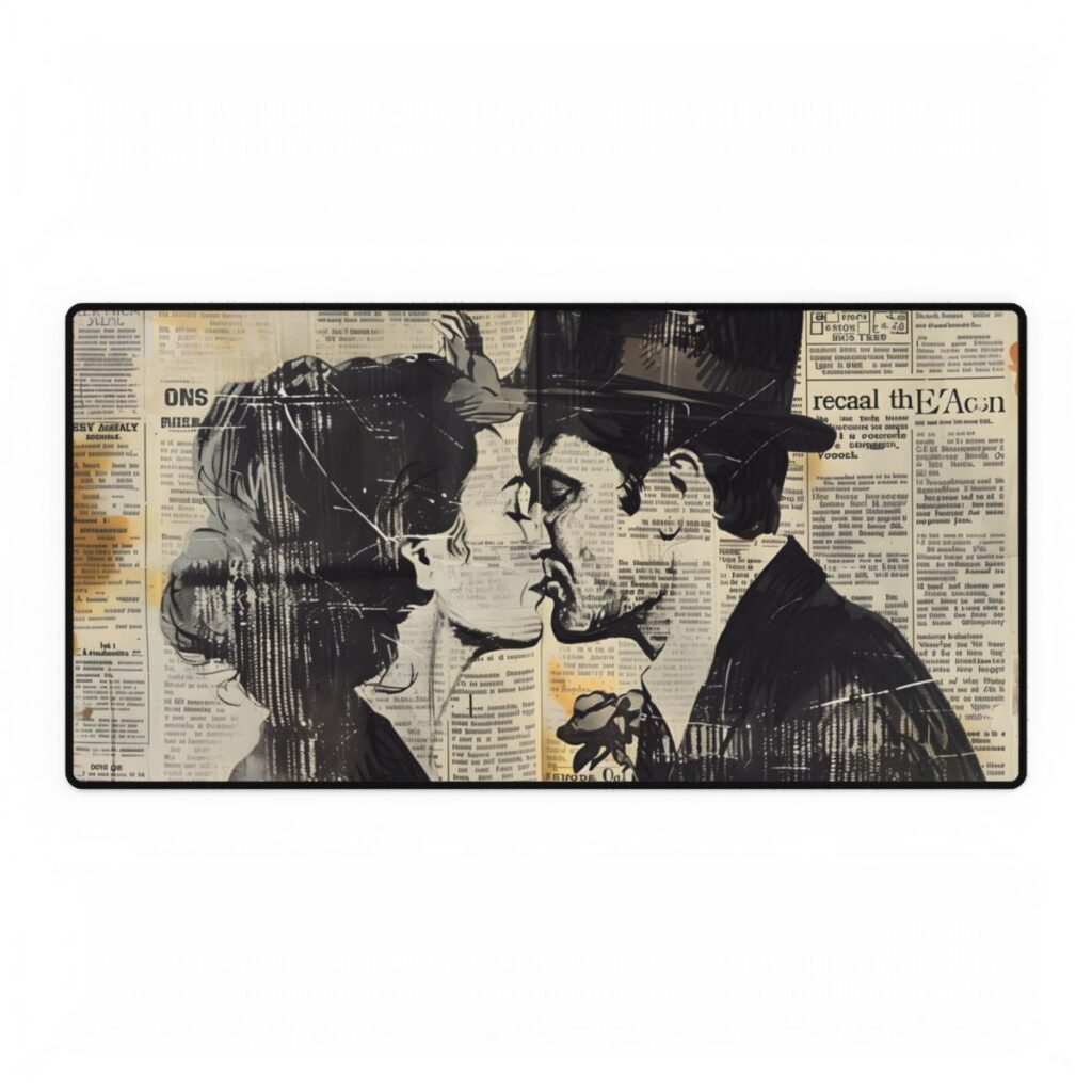Vintage Romance Couples: Newsprint Artwork - Intimate Moments - Desk Mat