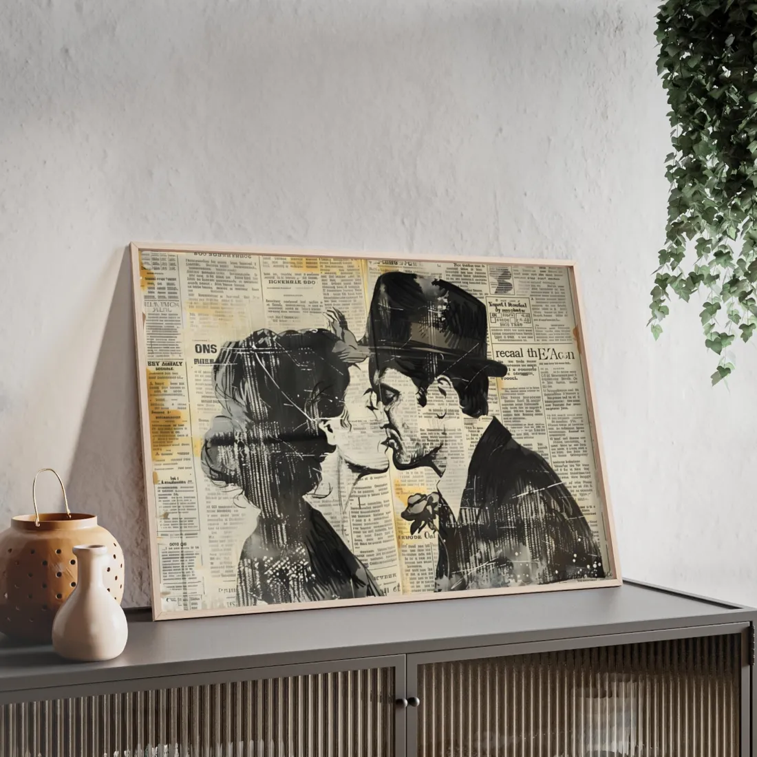 Vintage Romance Couples: Newsprint Artwork - Intimate Moments - Framed Poster
