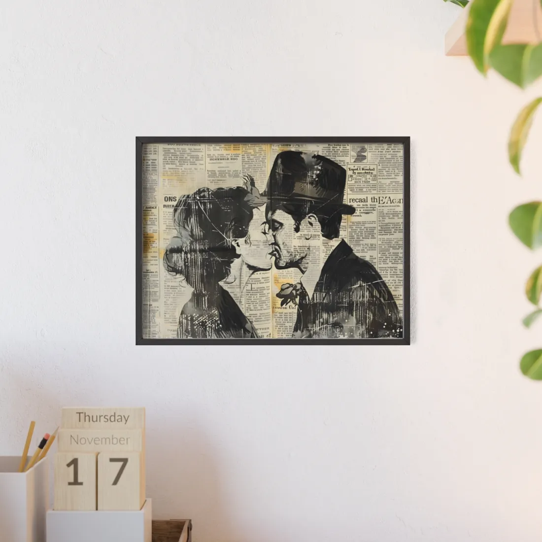 Vintage Romance Couples: Newsprint Artwork - Intimate Moments - Framed Poster