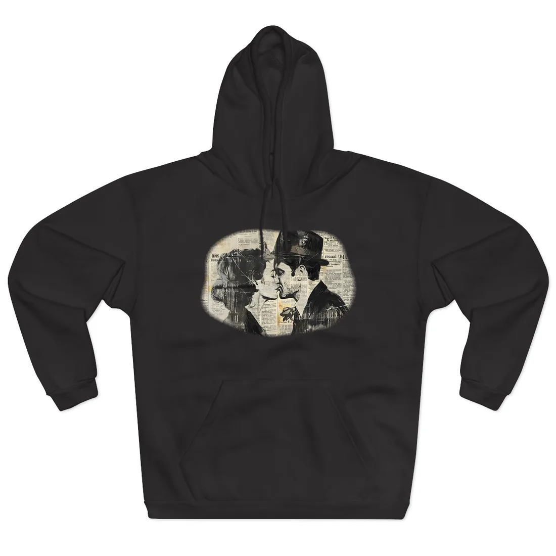 Vintage Romance Couples: Newsprint Artwork - Intimate Moments - Hoodie (Black)