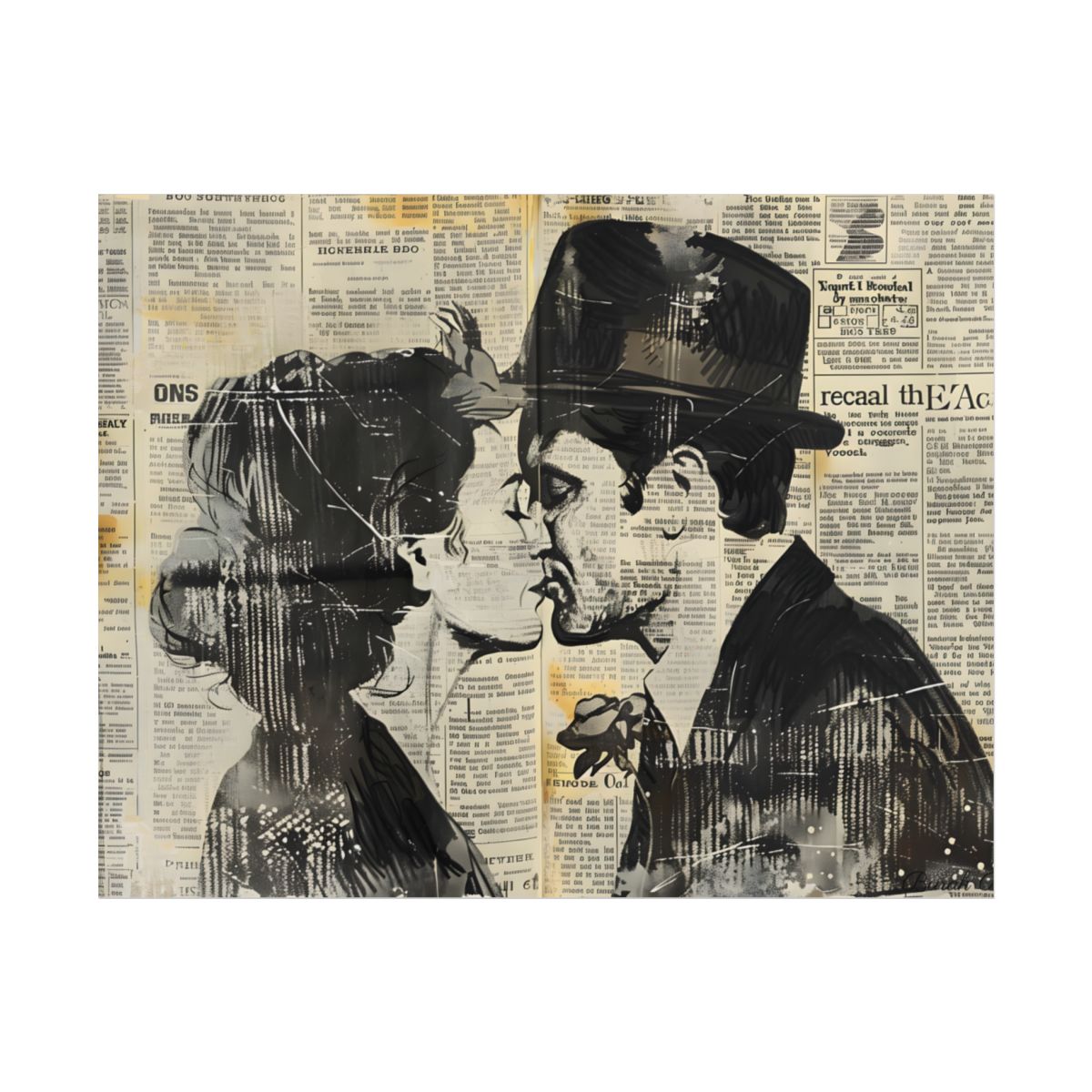 Vintage Romance Couples: Newsprint Artwork - Intimate Moments - Poster