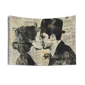 Couple Profiles on Newspaper Wall Tapestry