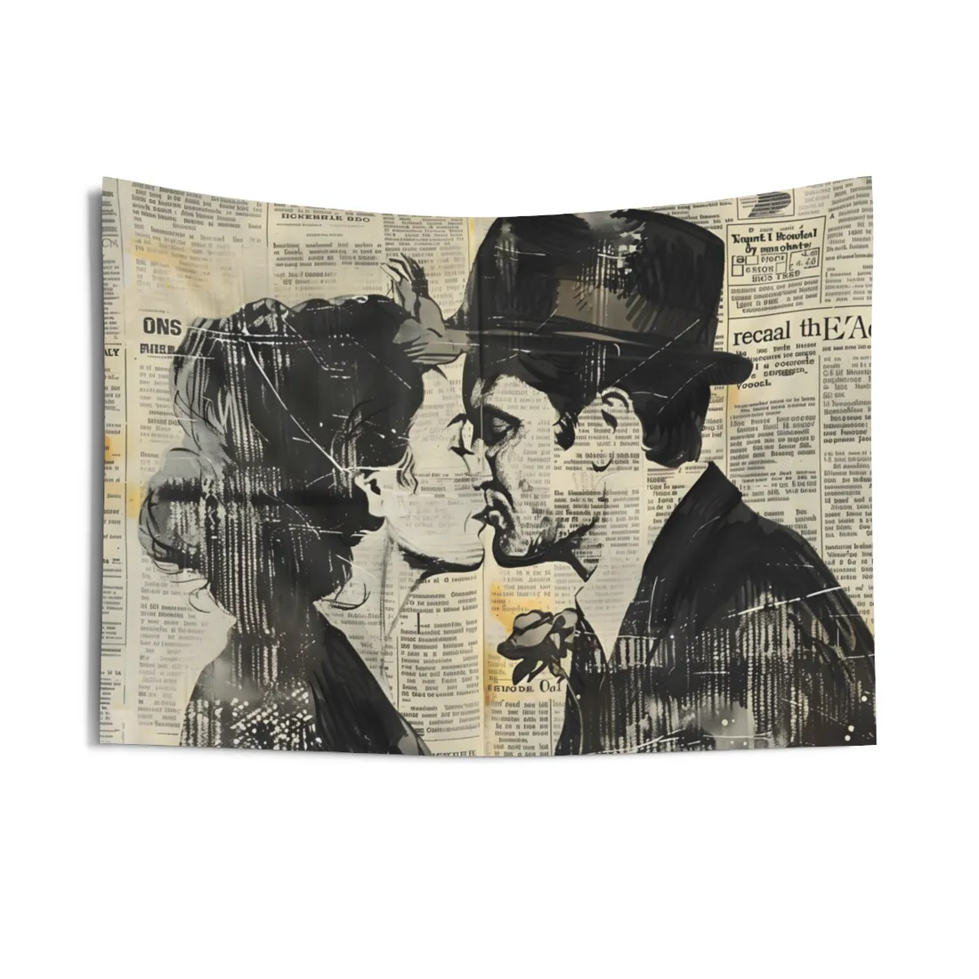 Vintage Romance Couples: Newsprint Artwork - Intimate Moments - Wall Tapestry