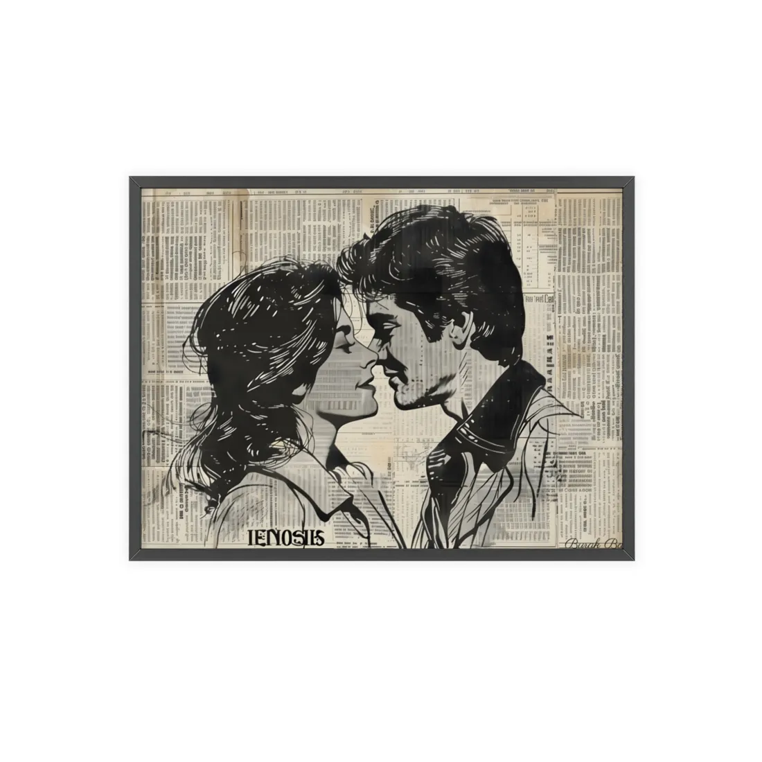 Vintage Romance Couples: Timeless Newsprint Art - Framed Poster