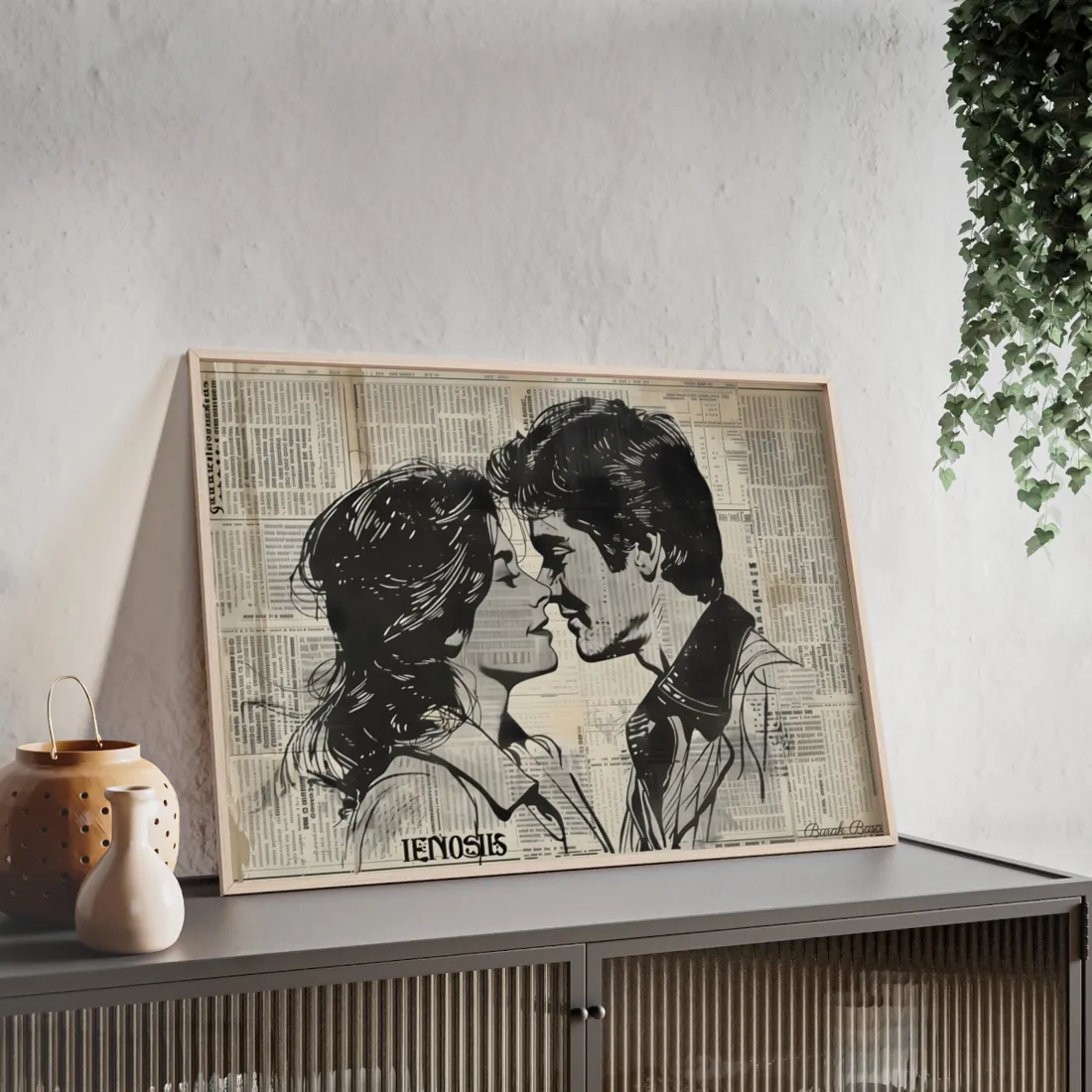 Vintage Romance Couples: Timeless Newsprint Art - Framed Poster