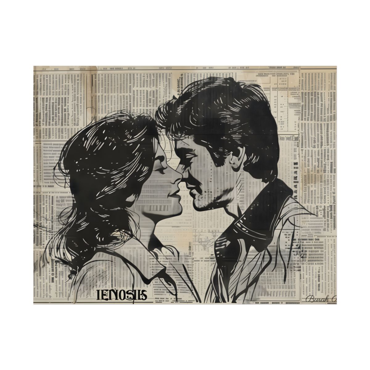 Vintage Romance Couples: Timeless Newsprint Art - Poster