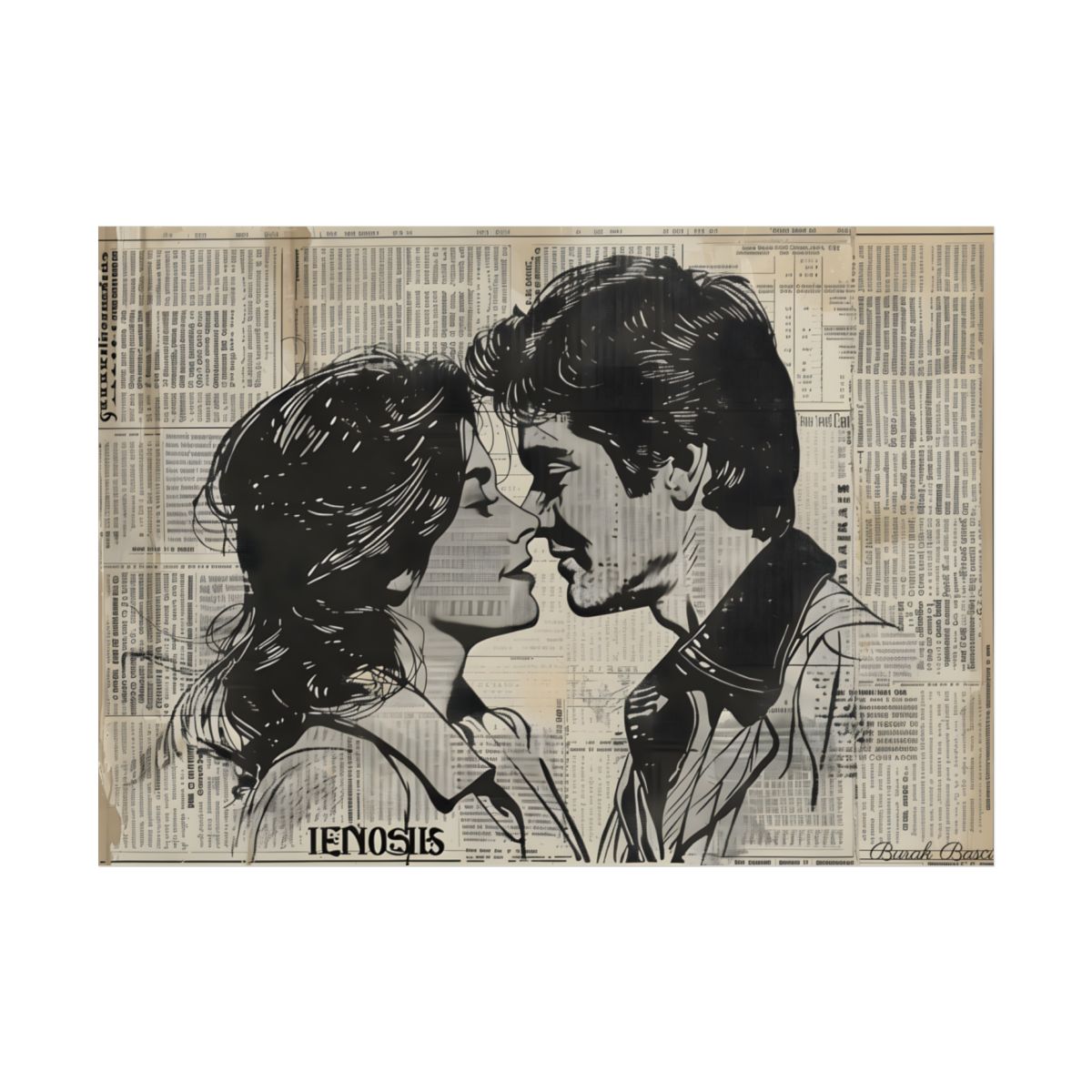 Vintage Romance Couples: Timeless Newsprint Art - Poster