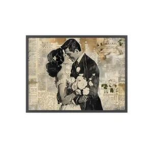 Vintage Newspaper Wedding Kiss Framed Poster