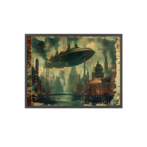 Airship over Steampunk City Framed Poster