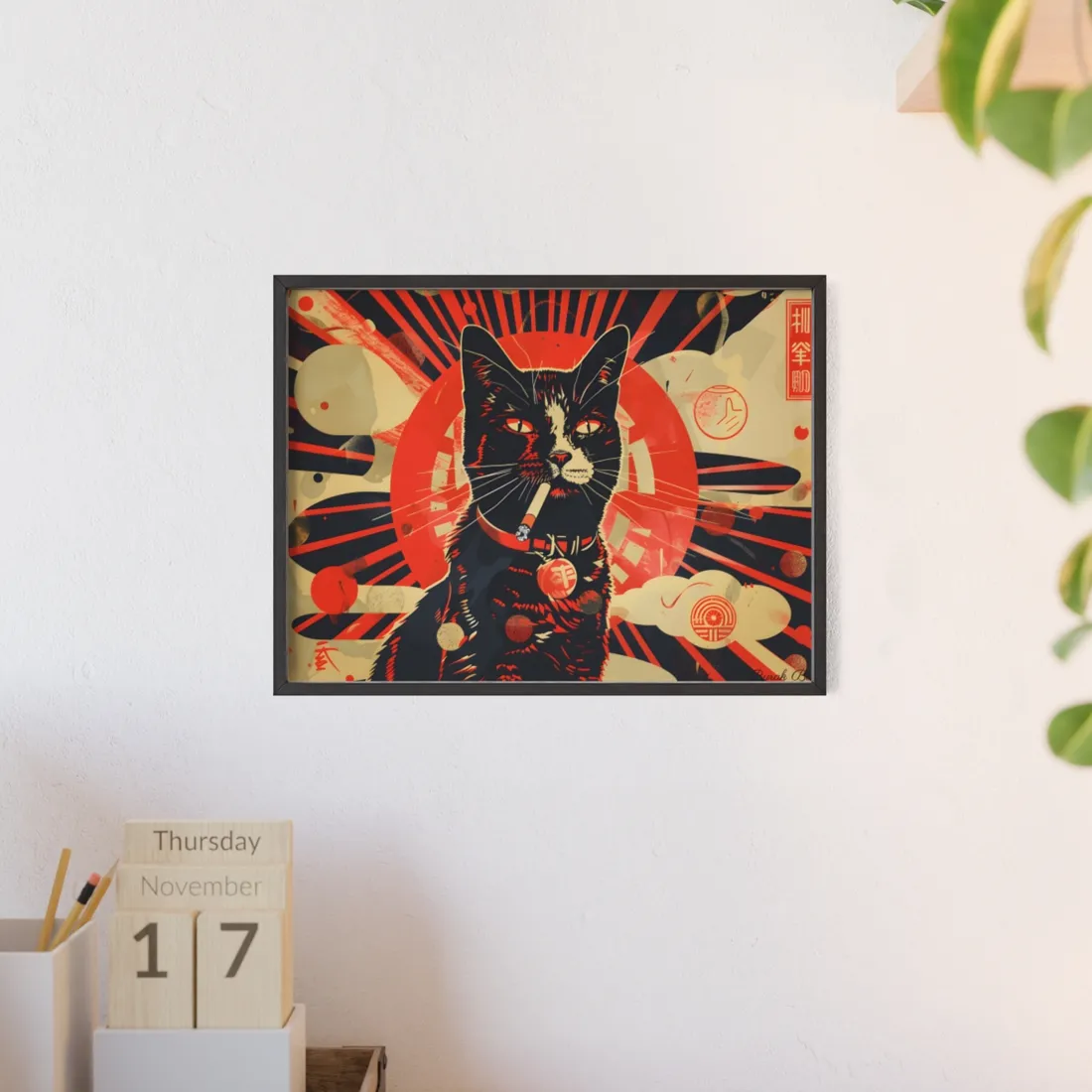 Vintage Whimsy: Cat Smokes Cigarette on Blue Background - Framed Poster
