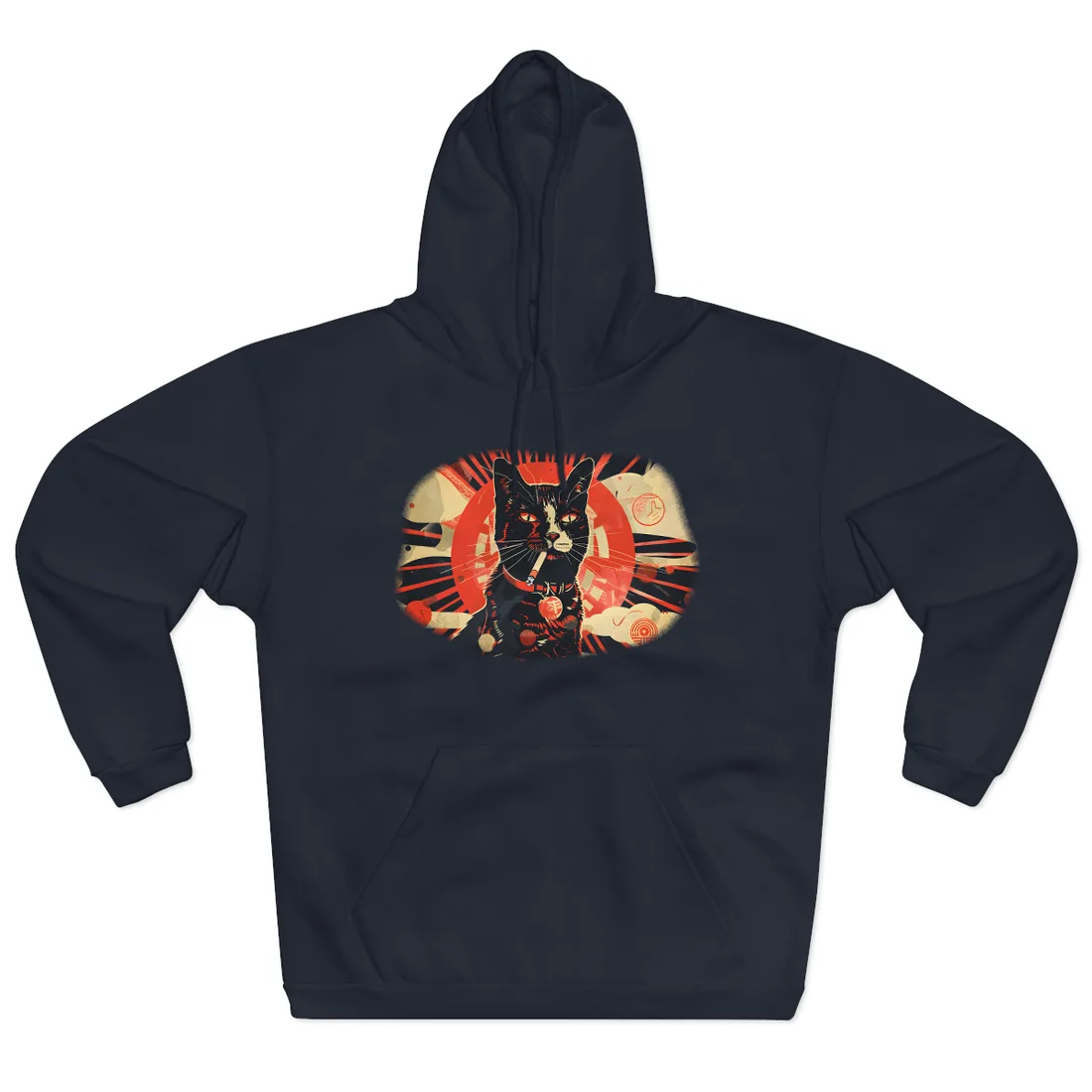 Vintage Whimsy: Cat Smokes Cigarette on Blue Background - Hoodie (Navy)