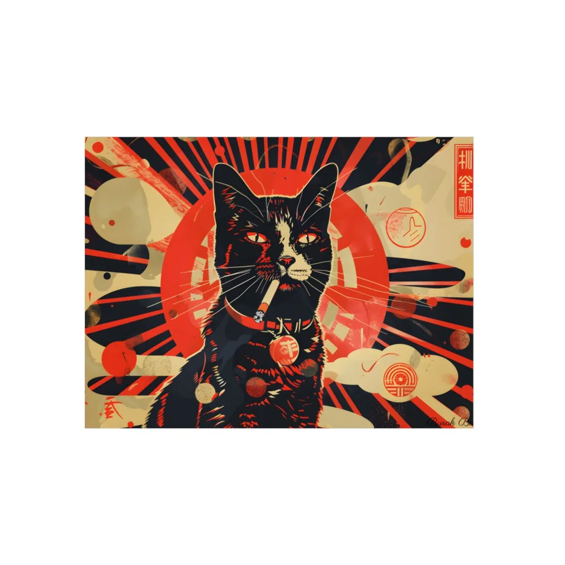 Vintage Whimsy: Cat Smokes Cigarette on Blue Background - Metal Poster