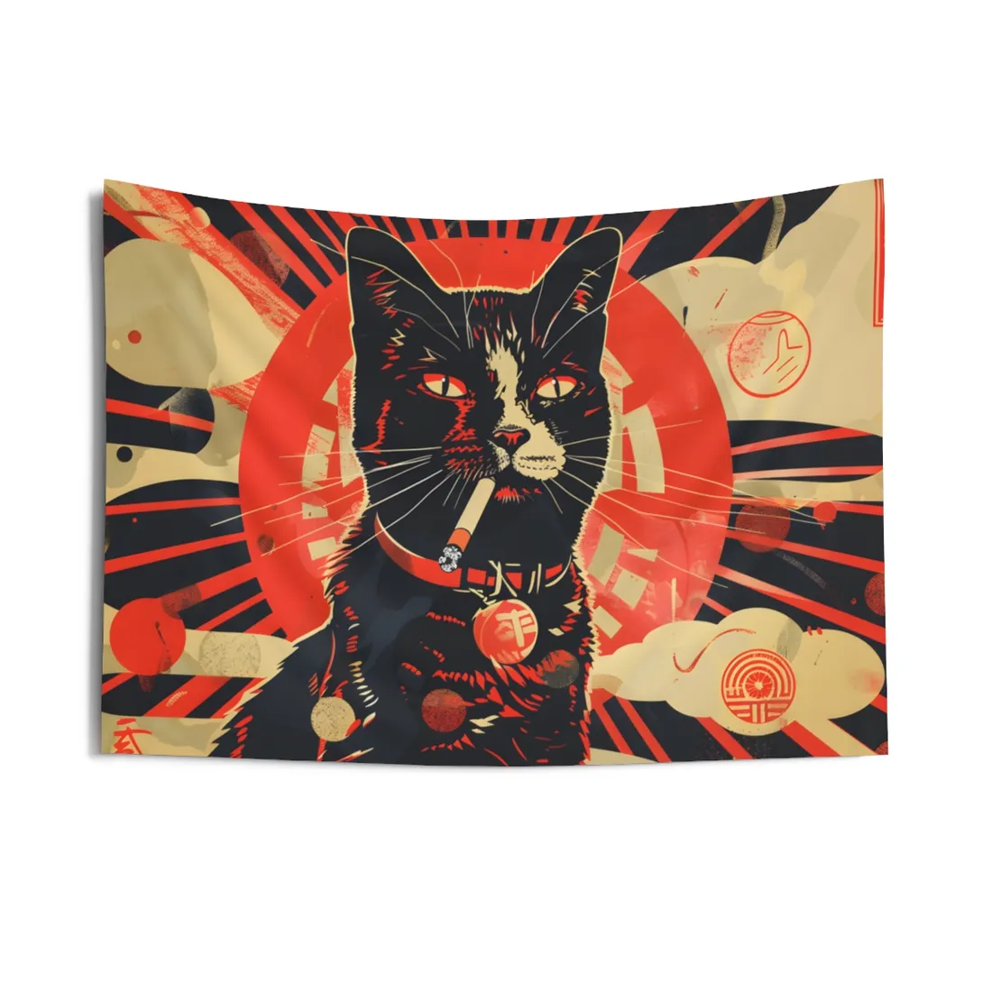 Vintage Whimsy: Cat Smokes Cigarette on Blue Background - Wall Tapestry