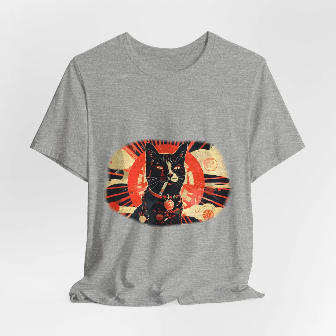 Vintage Whimsy: Cat Smokes Cigarette on Blue Background - T-Shirt (Athletic Heather)