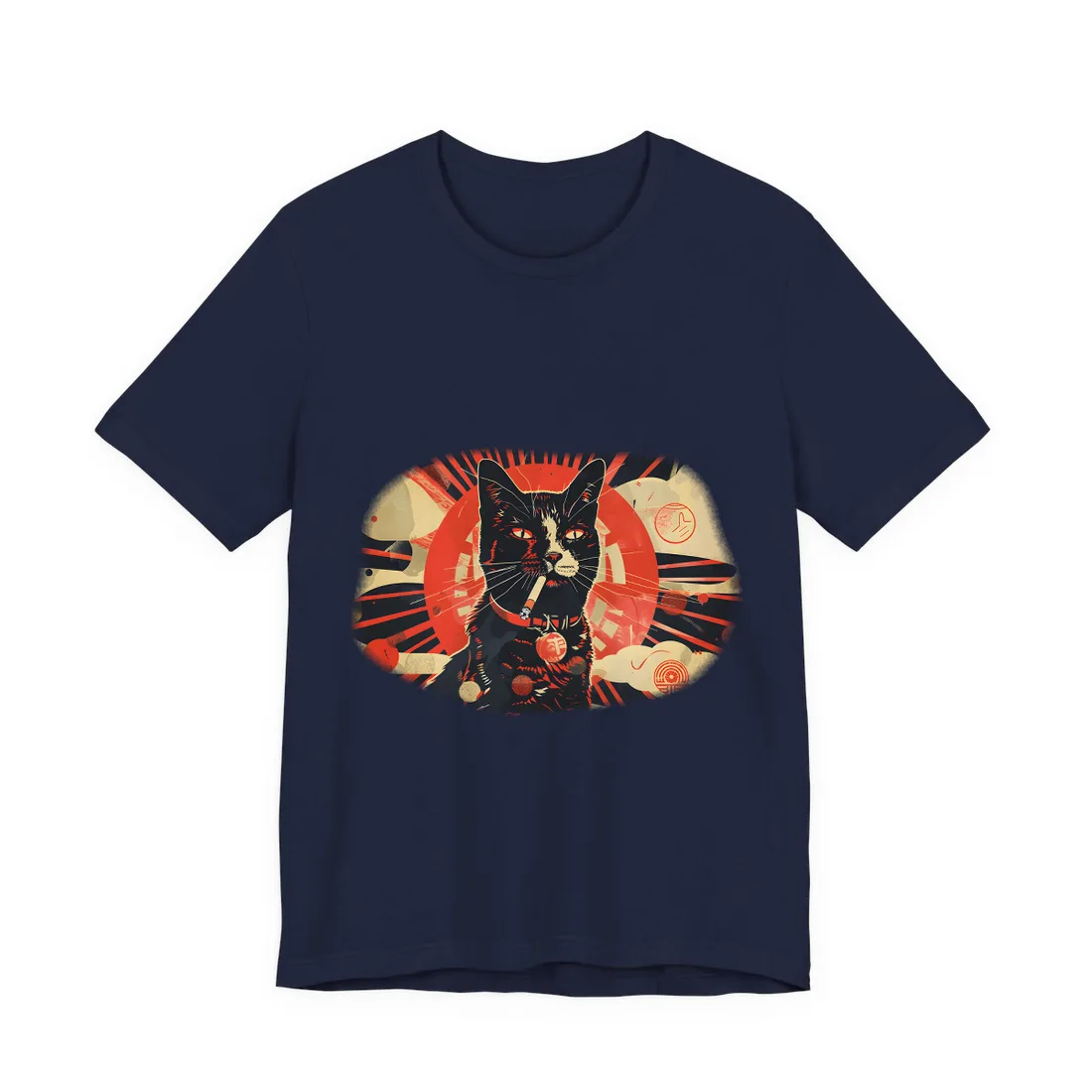 Vintage Whimsy: Cat Smokes Cigarette on Blue Background - T-Shirt (Navy)