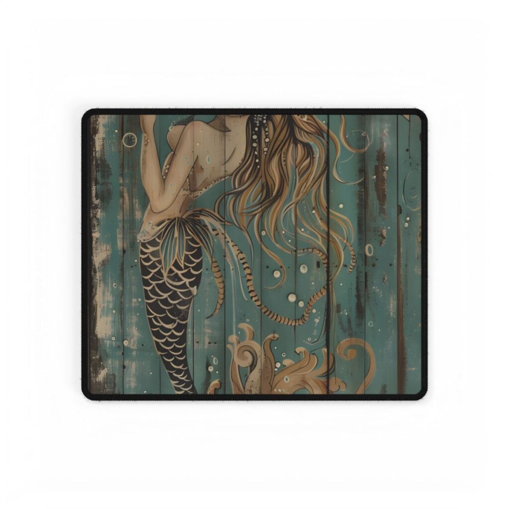 Vintage Whimsy Mermaid: Holding Soap Bubble Wand Artwork - Desk Mat