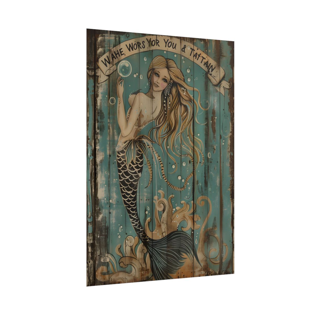Vintage Whimsy Mermaid: Holding Soap Bubble Wand Artwork - Poster