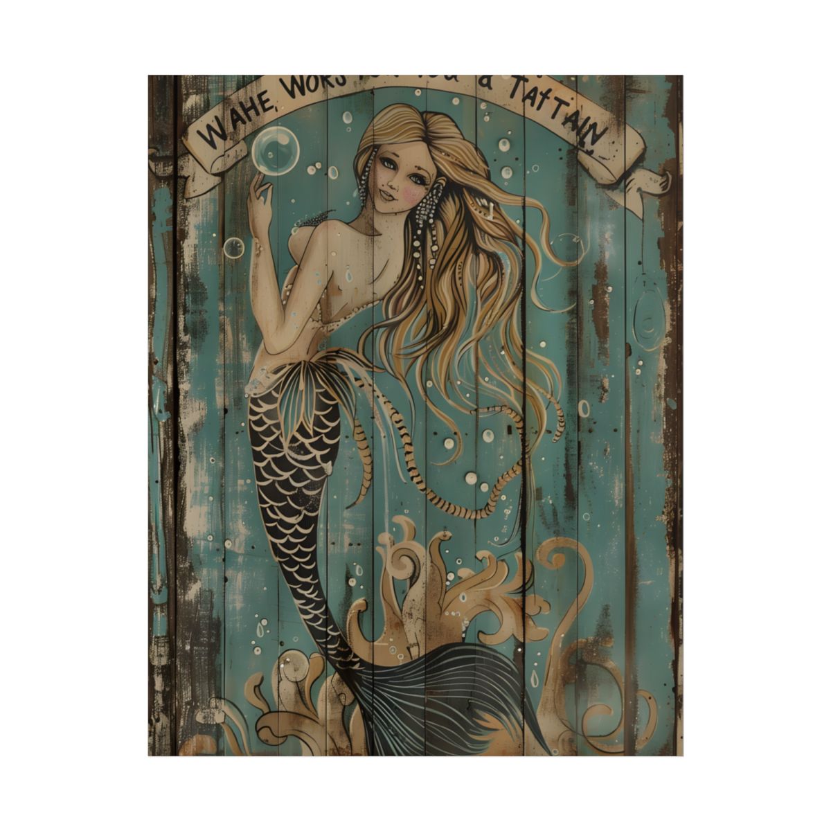Vintage Whimsy Mermaid: Holding Soap Bubble Wand Artwork - Poster