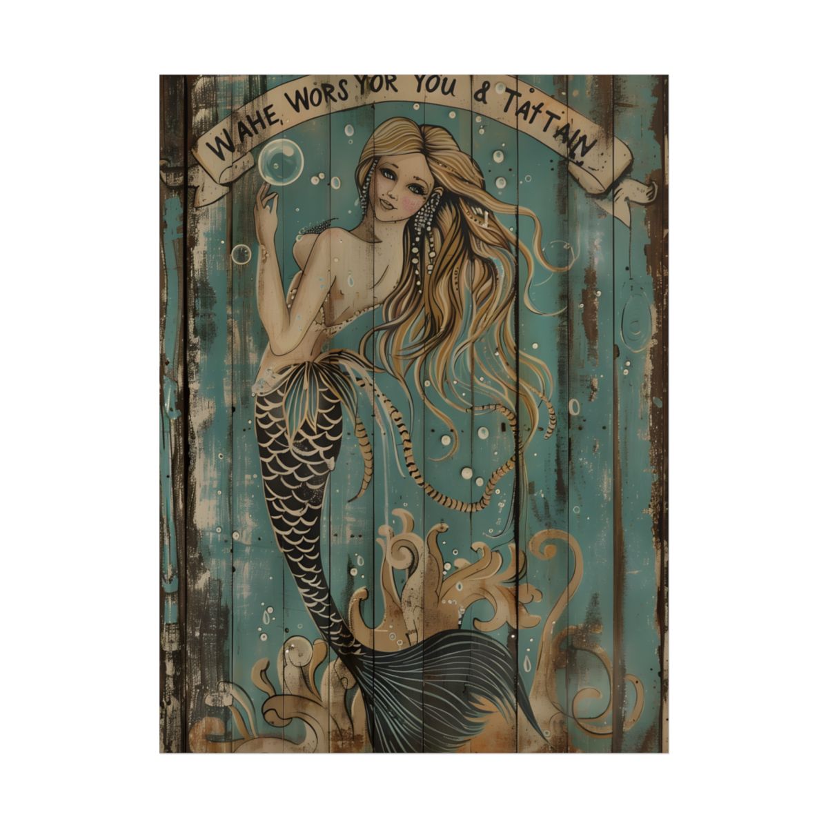 Vintage Whimsy Mermaid: Holding Soap Bubble Wand Artwork - Poster
