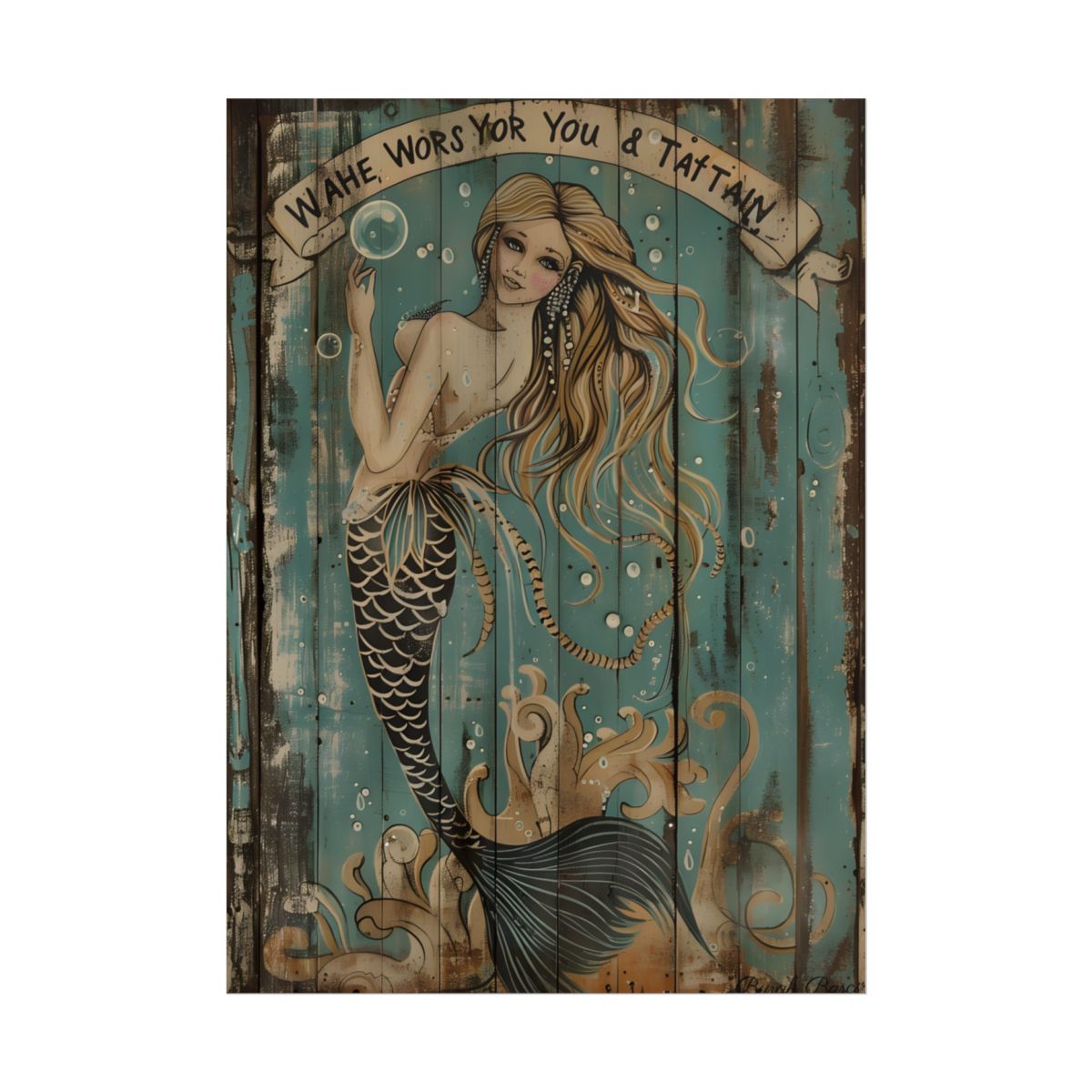 Vintage Whimsy Mermaid: Holding Soap Bubble Wand Artwork - Poster