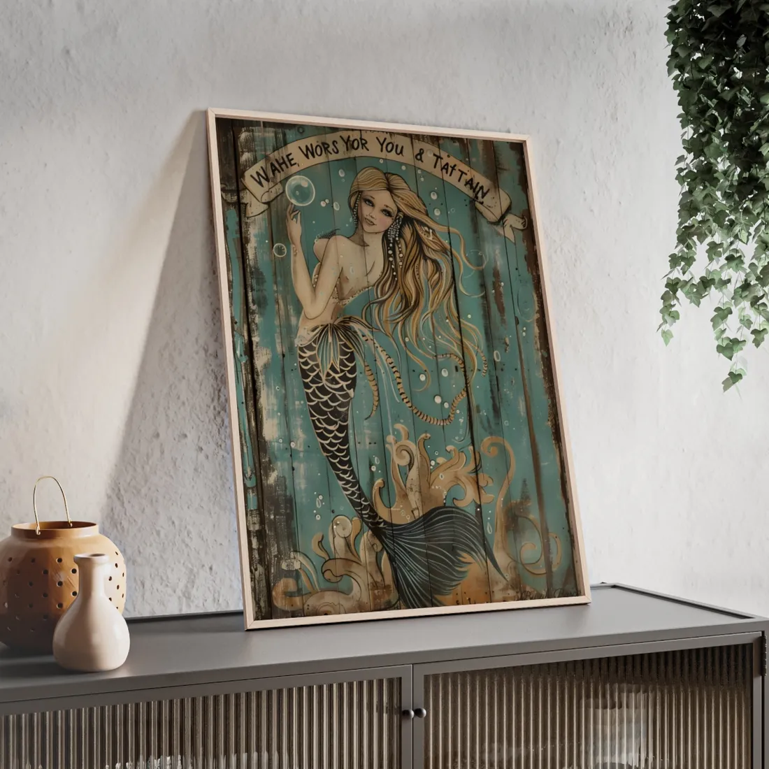 Vintage Whimsy Mermaid: Holding Soap Bubble Wand - Framed Poster