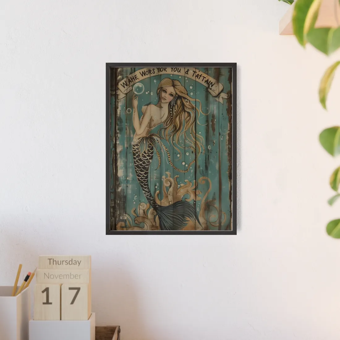 Vintage Whimsy Mermaid: Holding Soap Bubble Wand - Framed Poster