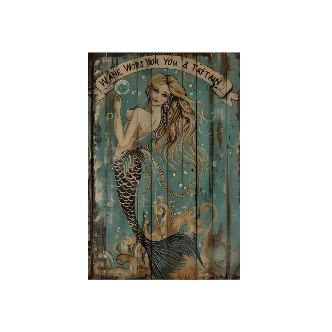 Vintage Whimsy Mermaid: Holding Soap Bubble Wand - Metal Poster