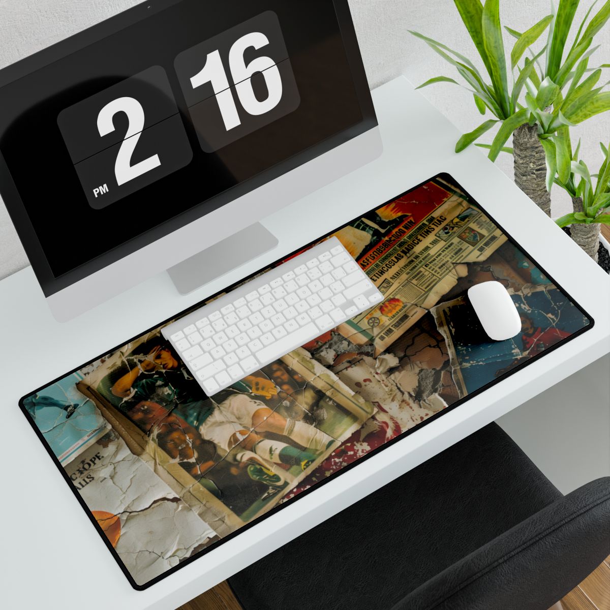 Layered vintage soccer posters on a cracked wall, with a green-jersey player kicking a ball – Desk Mat, room mockup, view 2