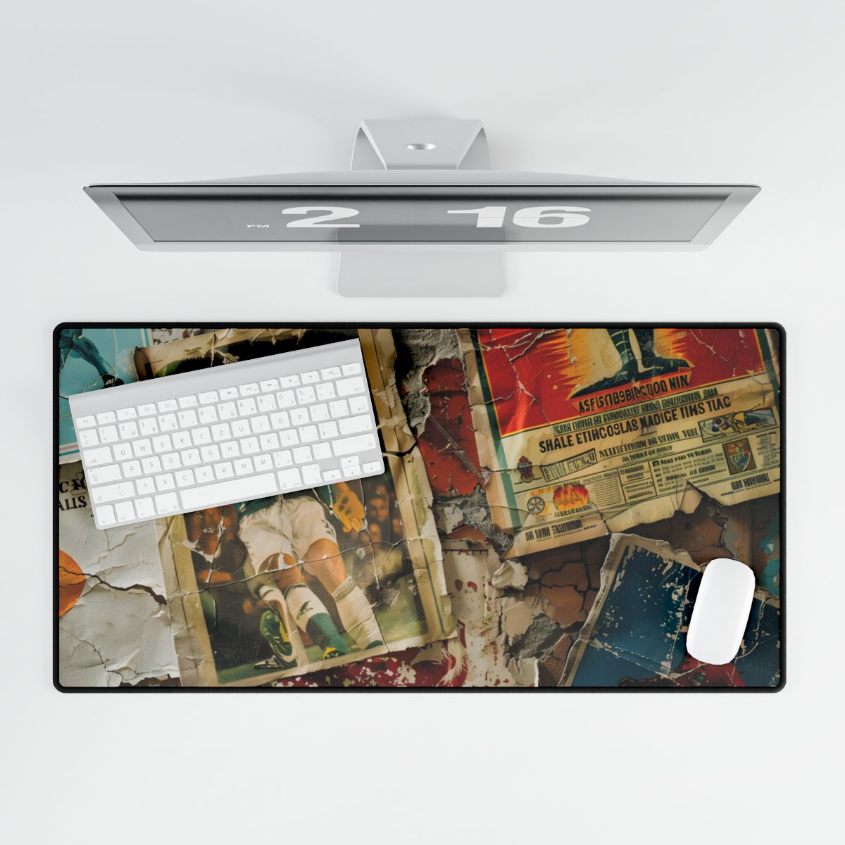 Layered vintage soccer posters on a cracked wall, with a green-jersey player kicking a ball – Desk Mat, room mockup, view 3