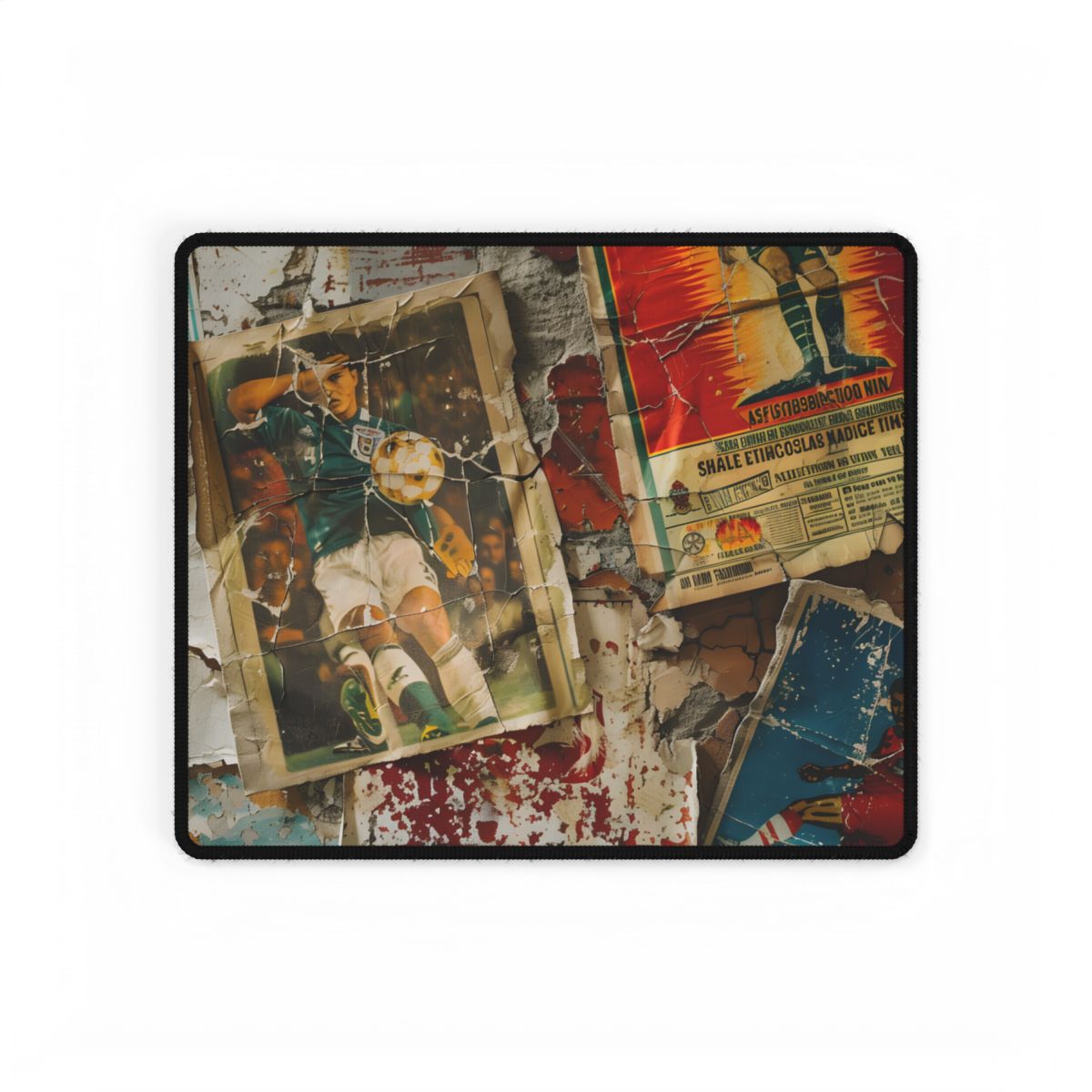 Layered vintage soccer posters on a cracked wall, with a green-jersey player kicking a ball at – Desk Mat, front view, view 4