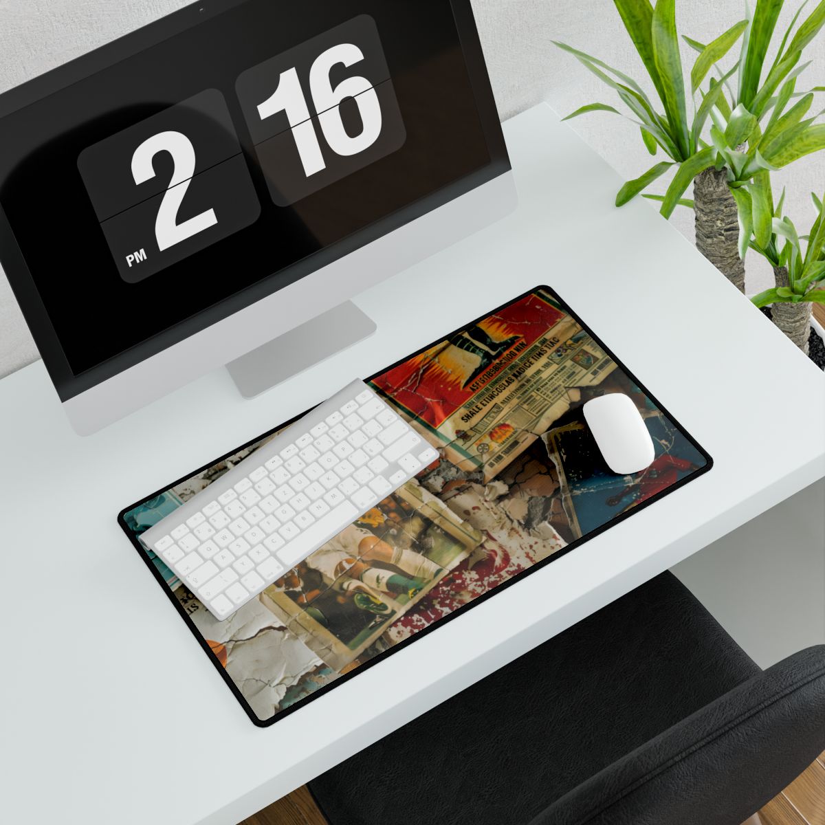 Layered vintage soccer posters on a cracked wall, with a green-jersey player kicking a ball – Desk Mat, room mockup, view 5