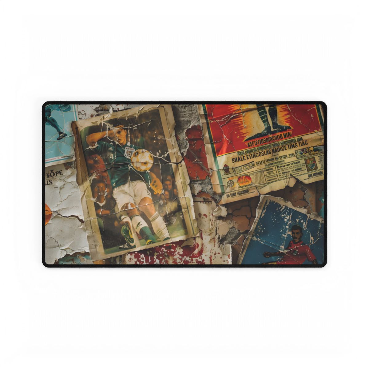 Layered vintage soccer posters on a cracked wall, with a green-jersey player kicking a ball at – Desk Mat, front view, view 6
