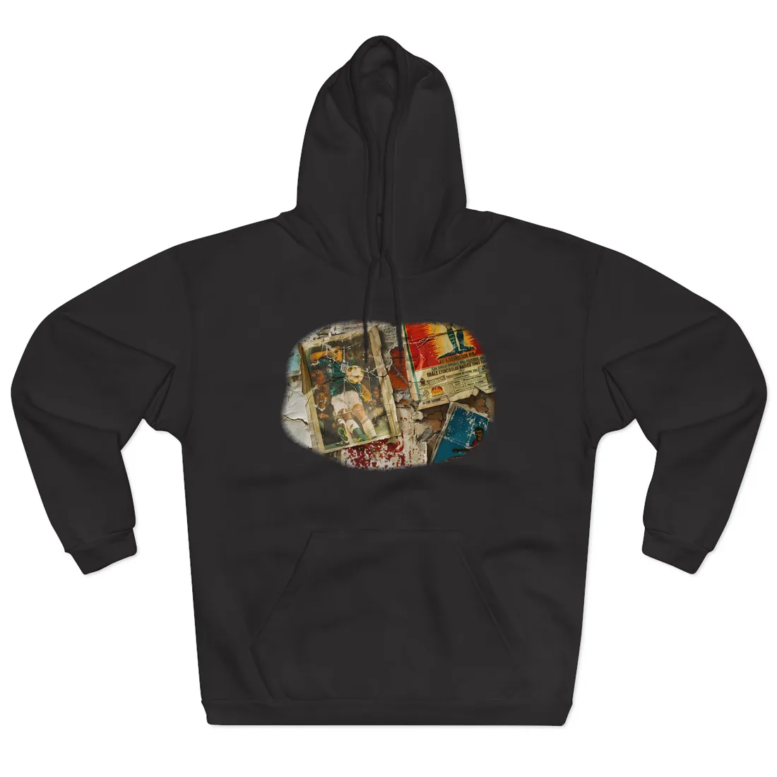Layered vintage soccer posters on a cracked wall, with a green-jersey player kicking a ball at center – Hoodie, black