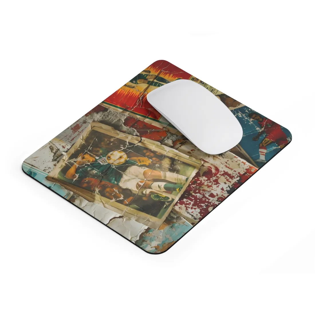 Layered vintage soccer posters on a cracked wall, with a green-jersey player kicking a ball at center – Mouse Pad, view 2