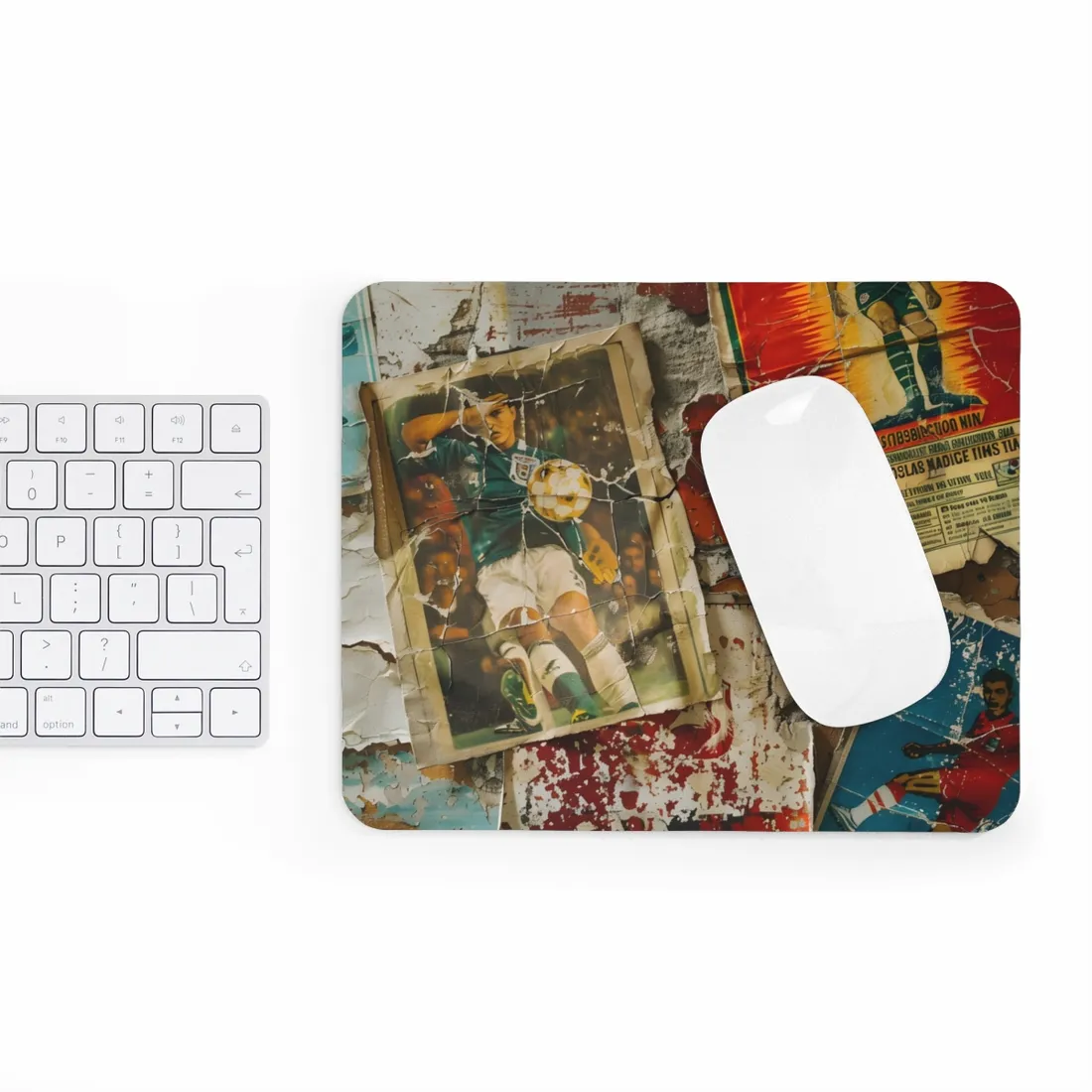 Layered vintage soccer posters on a cracked wall, with a green-jersey player kicking a ball at center – Mouse Pad, view 3