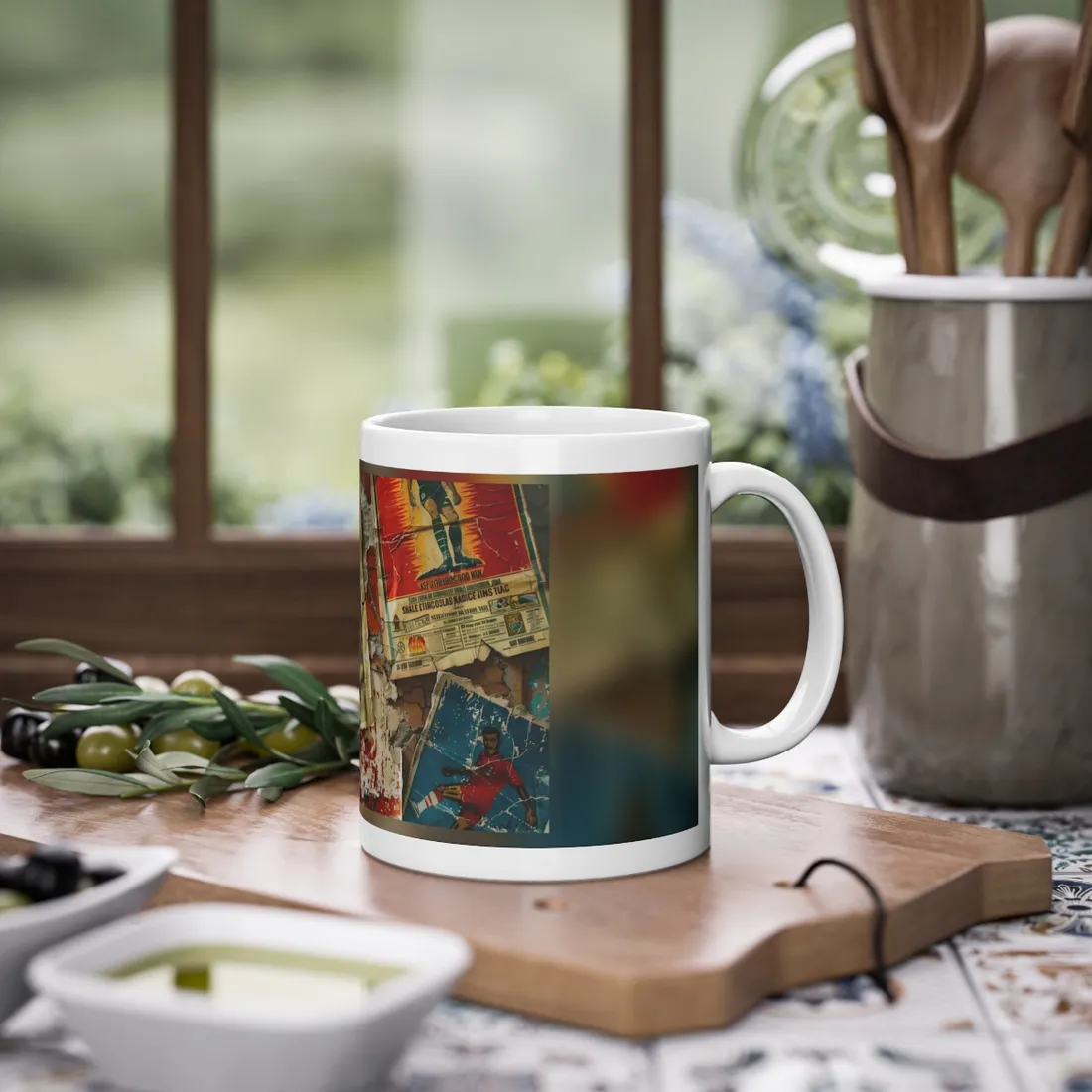 Layered vintage soccer posters on a cracked wall, with a green-jersey player kicking a ball at center – Mug, view 2