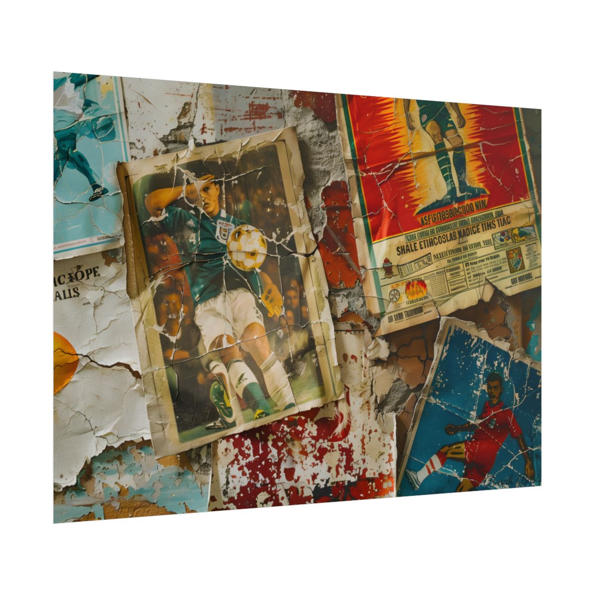 Layered vintage soccer posters on a cracked wall, with a green-jersey player kicking a ball at center – Poster, side view