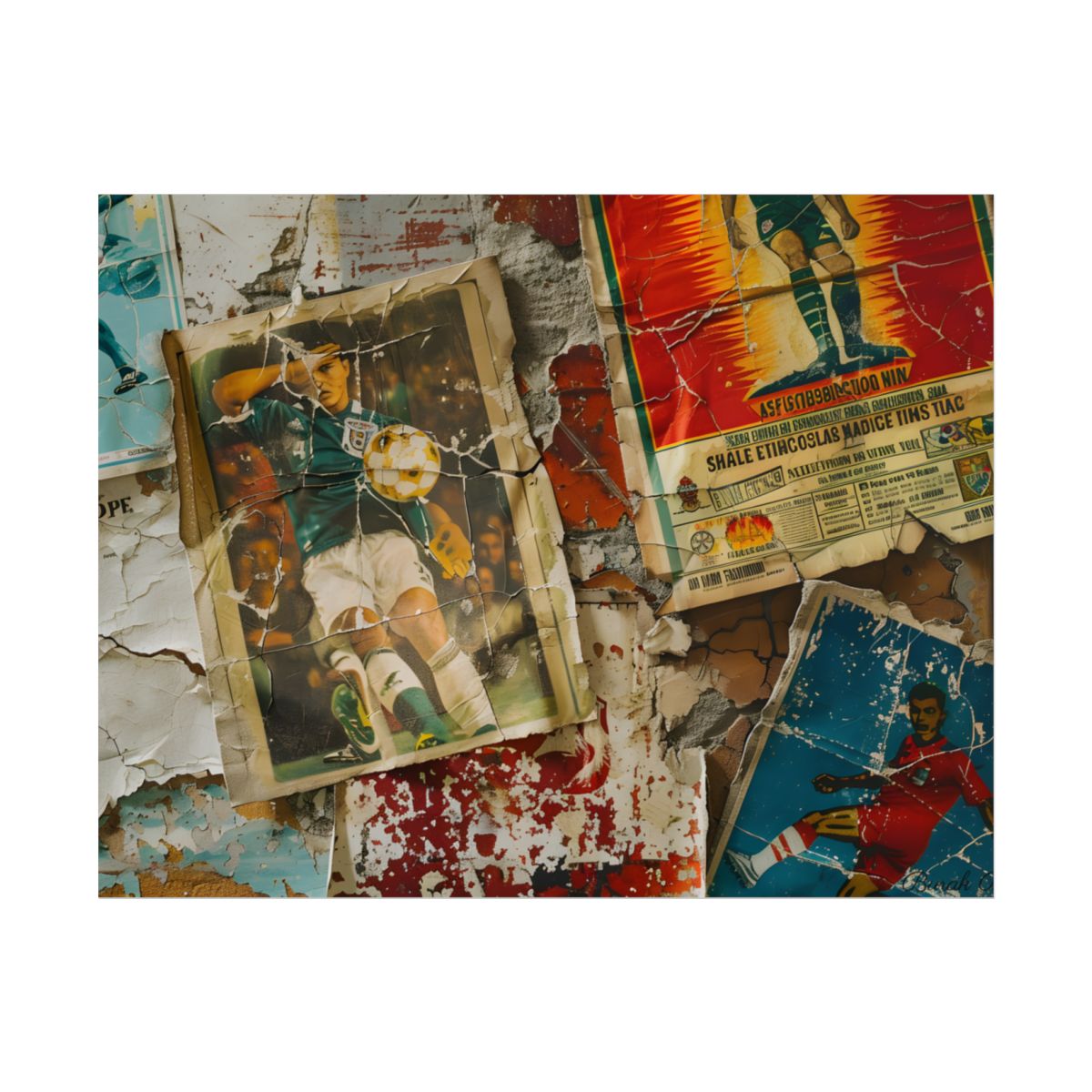 Layered vintage soccer posters on a cracked wall, with a green-jersey player kicking a ball at – Poster, front view, view 4