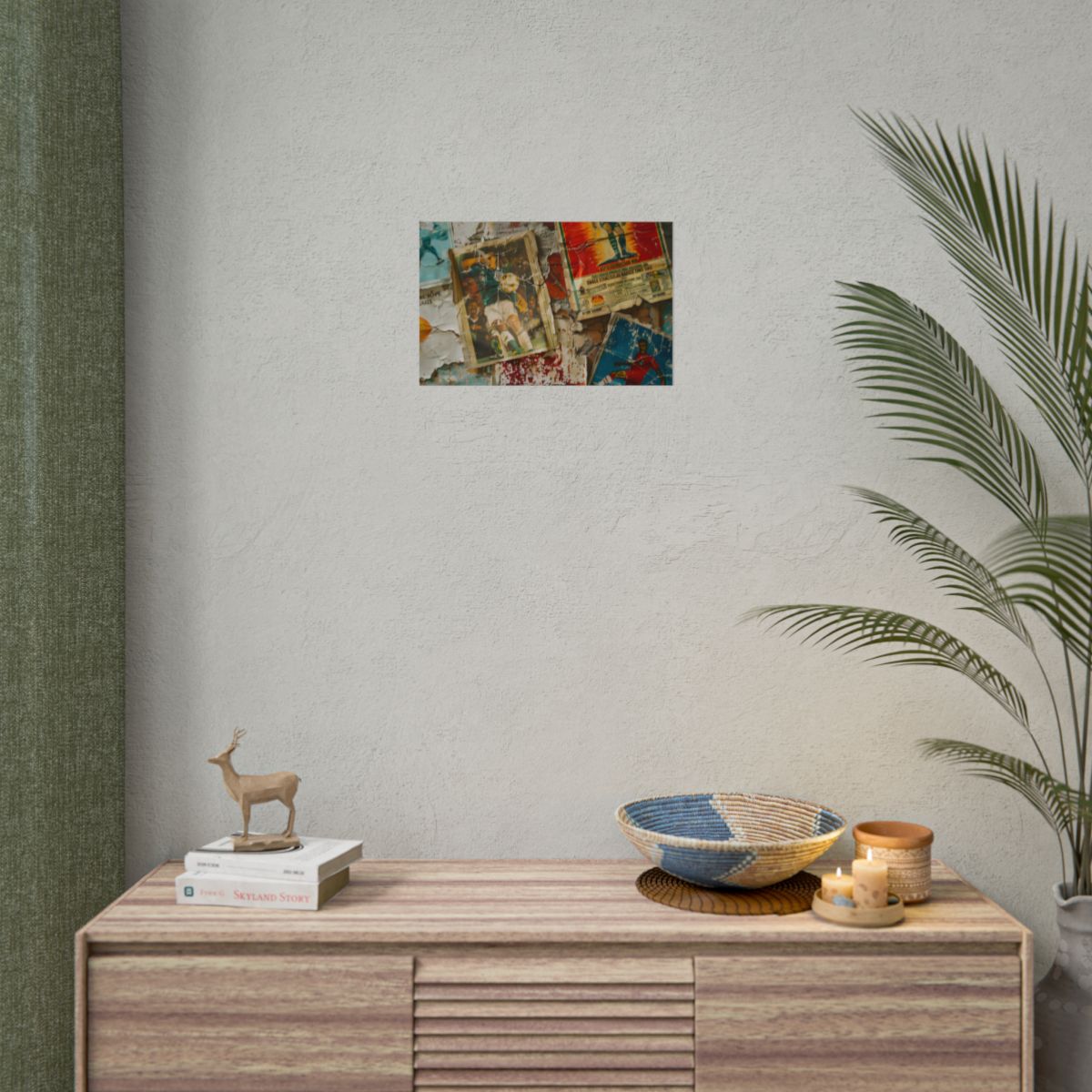 Layered vintage soccer posters on a cracked wall, with a green-jersey player kicking a ball at – Poster, room mockup, view 5