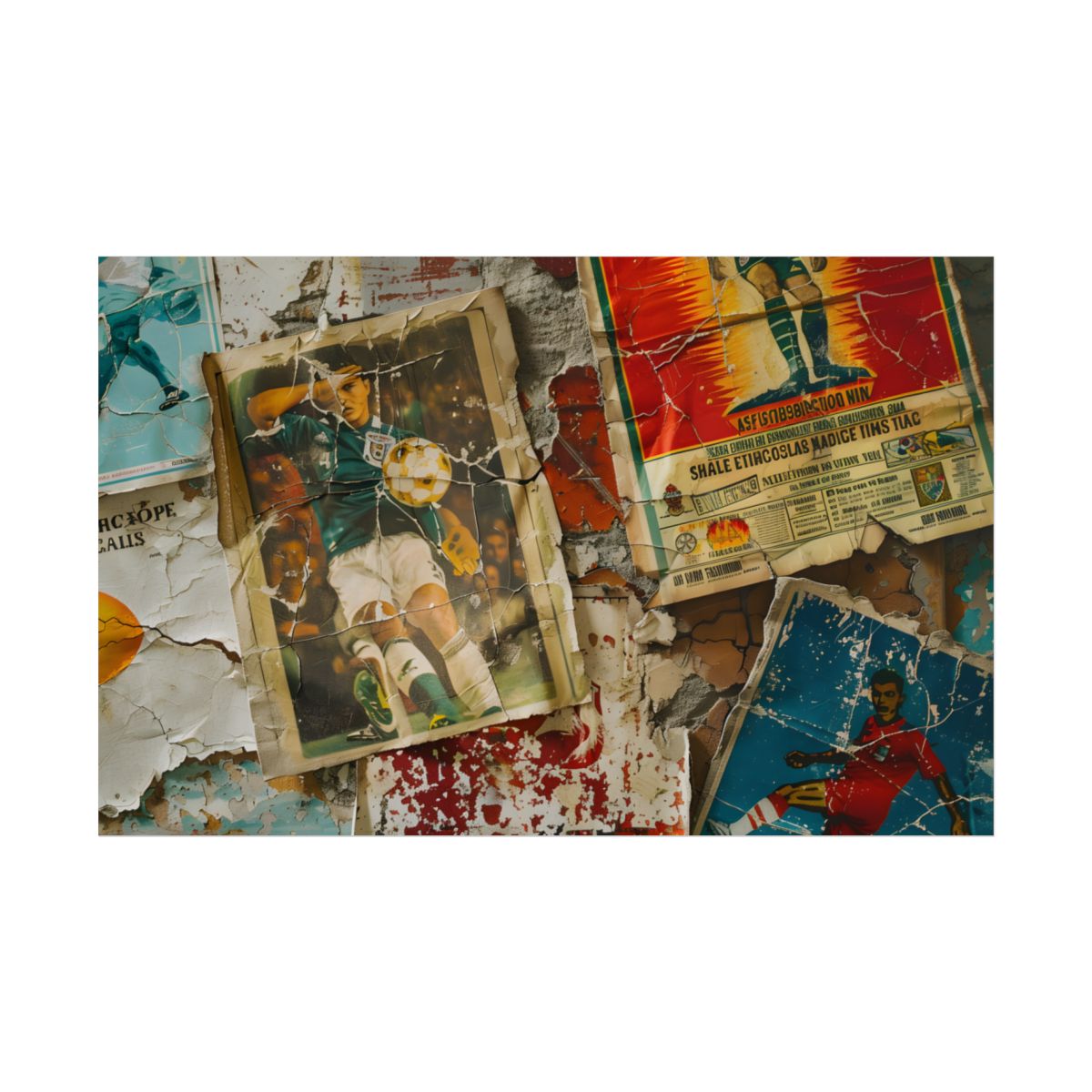 Layered vintage soccer posters on a cracked wall, with a green-jersey player kicking a ball at – Poster, front view, view 6