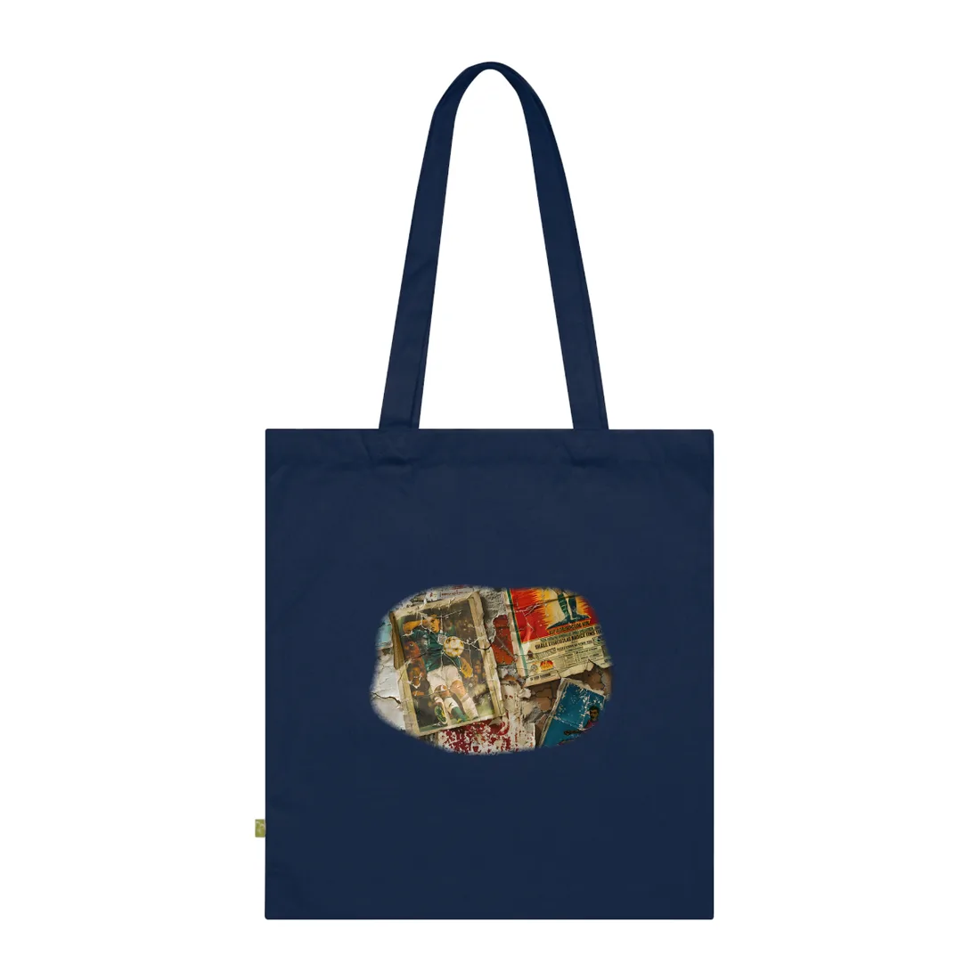 Layered vintage soccer posters on a cracked wall, with a green-jersey player kicking a ball at center – Tote Bag, french navy
